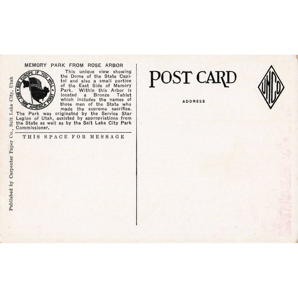Salt Lake City Utah UT Memory Park State Capitol Dome Vintage Linen Postcard - Picture 2 of 2